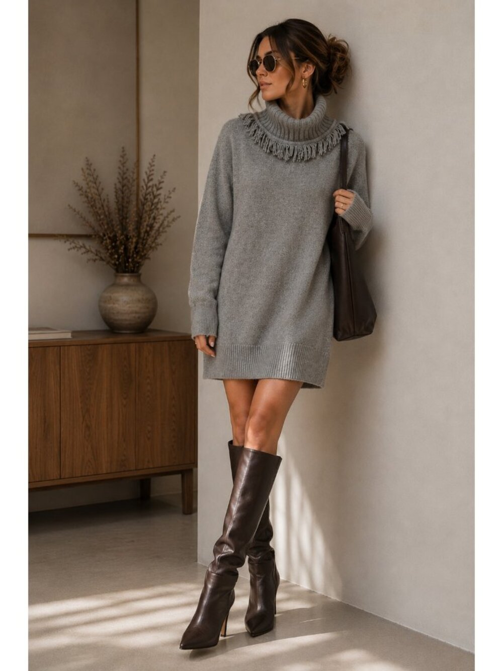 Sofia Cashmere 100% Cashmere Gray Fringe Turtleneck Tunic Sweater Size M
